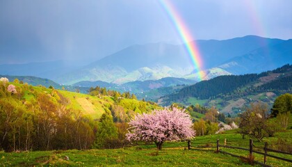 Rainbow over Spring Valley with Blooming Trees