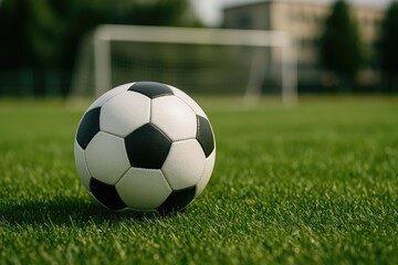 Fototapeta premium Soccer ball on lush green field, goal net blurred in background, action waiting