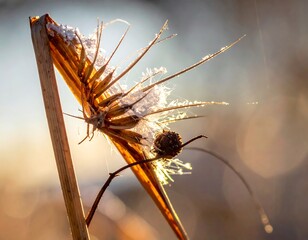 Close-up of a frosted plant catching the sun's warm glow
