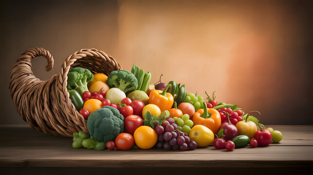 Luxury thanksgiving background horn of plenty with fruits and vegetables thanksgiving banner | autumn background | fall background