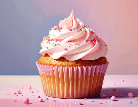 Close-up image of a single cupcake with pink frosting and sprinkles