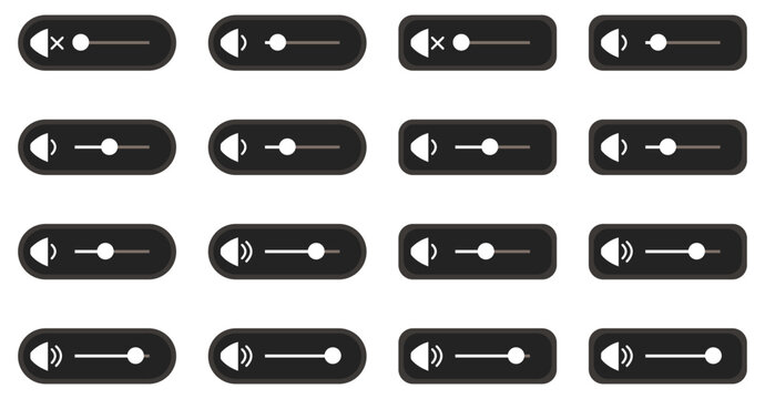 Set of audio volume slider icons. Mute, low, medium, and high sound levels. Flat elements for media player. Vector illustration. 