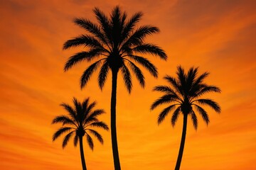 Obraz premium Tropical sunset silhouettes with palm trees in vibrant orange sky, travel vacation tropics