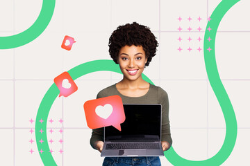 Poster image full 3d photo collage of happy girl hold laptop blogging notification like feedback recommendation popular influencer