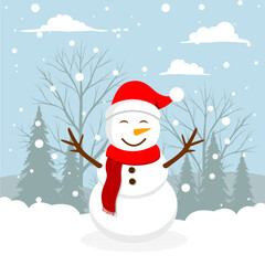 cute snowman with santa hat and scarf in snowy winter forest vector illustration