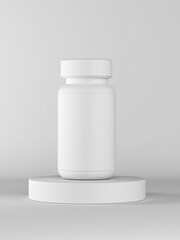 White plastic bottle on round podium minimal scene 3D render