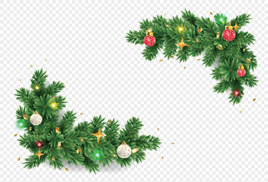 Pine tree branch border realistic vector illustration. Fir twigs with green needles, corner frame isolated on transparent background. Xmas design elements Winter holiday evergreen decoration,