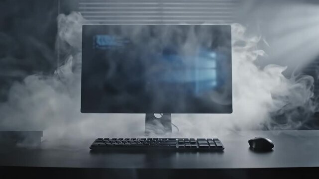Defective computer monitor and keyboard on a desk smoking due to overheating or a short circuit, showing lines of code on the screen in a dark, atmospheric office workplace environment