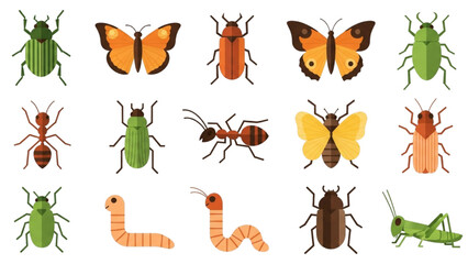 Colorful Cartoon Insect Collection — Beetles, Butterflies, Ants, Worms, and Grasshoppers in Flat Geometric Children’s Illustration on White Background
