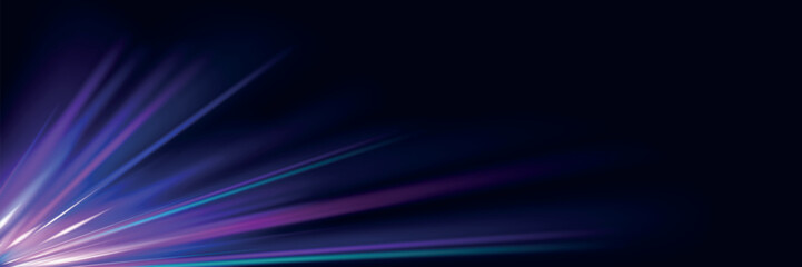 Abstract image of speed motion on the road. Vector glitter light fire flare trace. Dark blue abstract background with ultraviolet neon glow, blurry light lines, waves