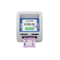 3d icon of atm machine dispensing 200 euro banknote, isolated on transparent background