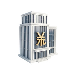 3d icon of modern office building with a golden chinese yuan symbol on the facade, isolated on transparent background