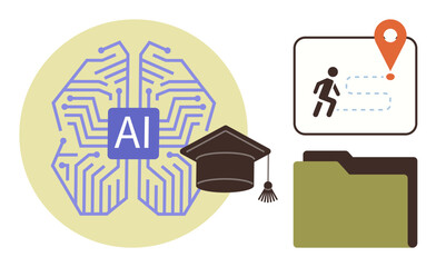Technology and education fused through AI brain graphic, graduation cap, navigation route, and document folder. Ideal for innovation, knowledge, learning, automation, data journey and organization