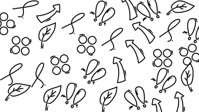 Seamless pattern of hand-drawn leaves, arrows, and berries in black on white background, simple nature-inspired vector illustration