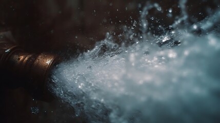 Fototapeta na wymiar A burst pipe sprays water forcefully in a dark industrial setting creating a dynamic splash