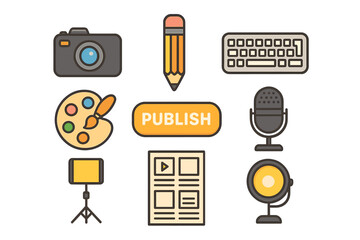 Creative tools and equipment icons for digital content creation and media production