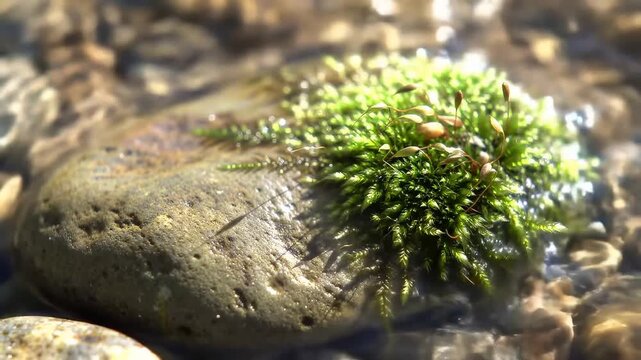 Macro Close-up of Moss Growing on Stone in Clean Shallow Stream Water