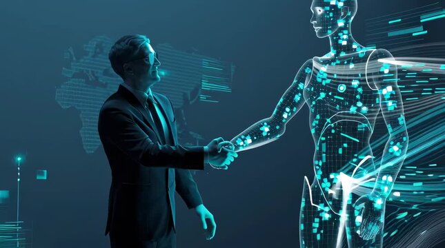 A modern and futuristic book cover design in square format (21x21 cm). A powerful visual composition showing the fusion of human and AI in sales: a confident business professional shaking hands 