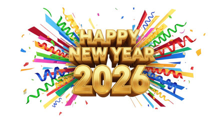 Happy new year 2026 celebration with confetti and streamers
