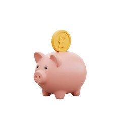 3d icon of pink piggy bank with pound coin isolated on transparent background