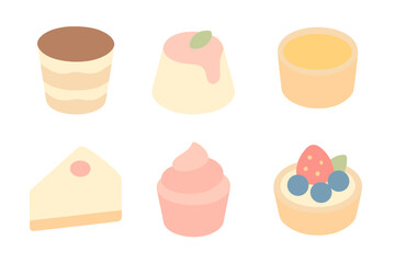 Assortment of six stylized sweet desserts and pastries in soft pastel colors
