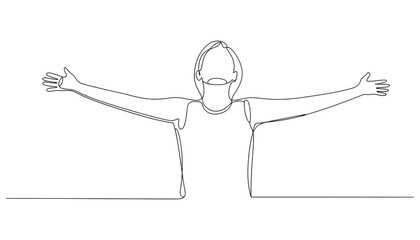 Expressive single line drawing of a person with arms wide open celebrating joy