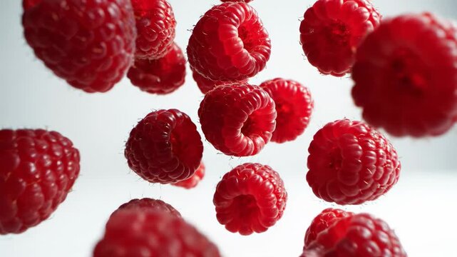 Juicy red raspberries gracefully falling through the air in super slow motion against a clean white background, creating a vibrant and refreshing visual perfect for healthy eating concepts