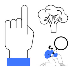 Hand pointing upward, tree symbolizing nature, man examining with magnifying glass. Ideal for research, nature conservation, sustainability, environmental awareness, analysis, ecology simple flat