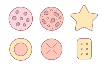 Fototapeta premium Six pastel colored cookies and biscuits in various shapes including star, circle, and rectangle