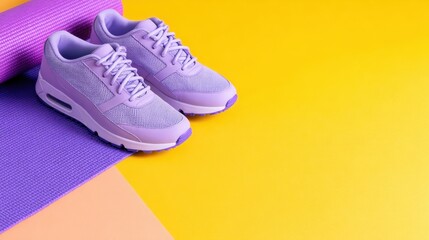Stylish purple sneakers positioned on a vibrant yellow background next to a yoga mat, ideal for fitness themes