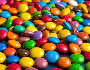 Vibrant Multicolored Candy Coated Chocolates Pile on a Dark Blue Surface a Sweet Treat Pile Close Up