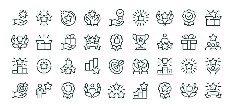 Exclusive Benefit, Special Offer, Best Award, High Rank Premium Icons Pack. Such Line Signs as Champion Cup, Stars, Medal. Vector Icons Set for Web and App in Outline Style Editable Stroke.