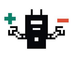 Cartoon pixel art of humanoid robot learning toy robotic engineer bot machine business vector character automation electronic background 8 bit artificial intelligence art.