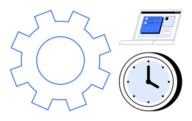 Fototapeta premium Large gear beside a digital clock and a laptop with displayed content highlight collaboration, workflow, productivity, efficiency, planning, technology, and time management in a simple flat metaphor