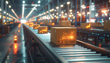 Automated Logistics: Cardboard boxes smoothly traverse a modern conveyor belt system, highlighting the seamless operation of an automated distribution center.