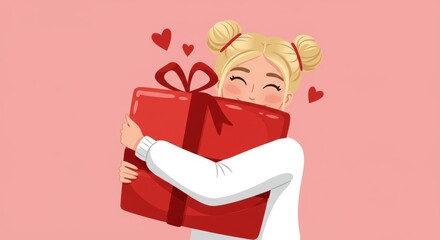 Joyful young girl embracing red gift box with hearts on pink background