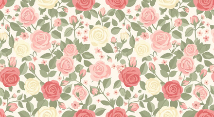 Floral pattern with pink, red, and cream roses, green leaves, and small flowers on a light background.