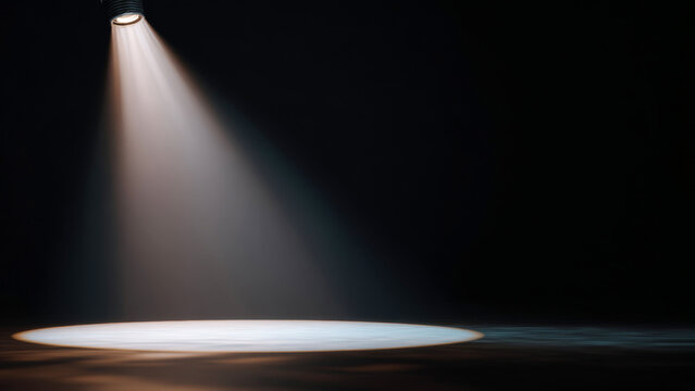 Bright spotlight illuminates an empty stage in a dark theater creating a dramatic atmosphere perfect for a performance or audition setting