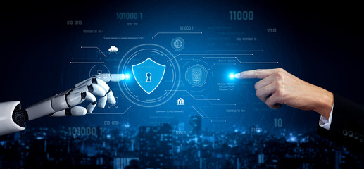 AI securing digital infrastructure, analyzing biometric authentication, monitoring threats, and managing identity protection through intelligent cybersecurity protocols. Vouch