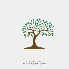 Obraz premium Organic olive tree logo design vector illustration for healthy food brand, Minimalist green leaf and brown trunk vector icon