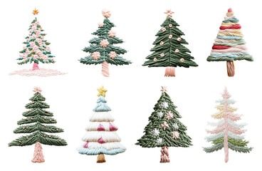 Obraz premium PNG Colorful embroidered Christmas trees, element set on transparent background