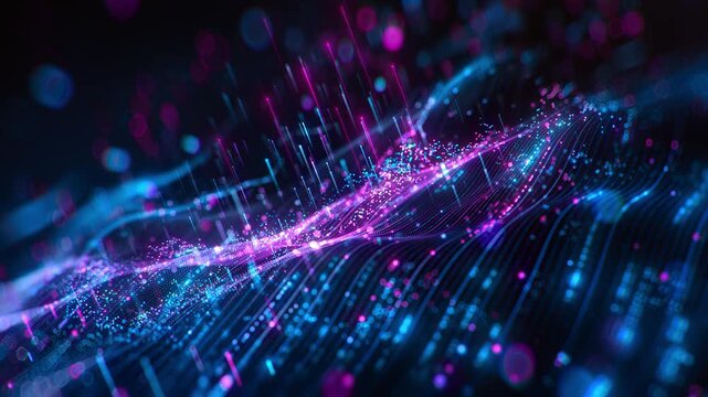 Abstract digital data wave with glowing particles and dynamic lines on a dark background, concept of technology and data visualization. 3d animation