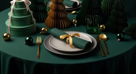 Elegant Christmas Holiday Table Setting with Green and Gold Decorations