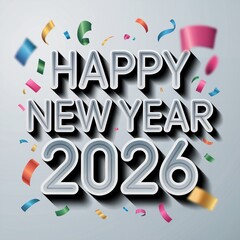 happy new year 2026 bold shadow text confetti, vector celebration modern party effect design