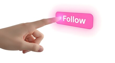 Close up of a human finger pressing a bright pink glowing follow button on a white background