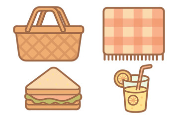 Wicker picnic basket, checkered blanket, sandwich, and glass of lemonade items