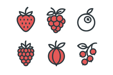 Set of fresh red berries icons including strawberry raspberry and cranberry