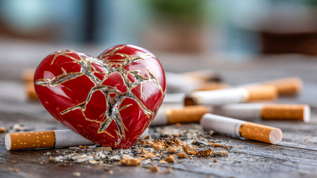 Broken heart lies among scattered cigarette butts and ash, symbolizing the toll of addiction in a poignant and somber setting