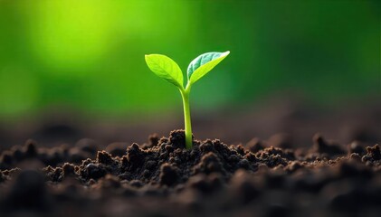 A single, vibrant green sprout pushing through rich soil, representing the emergence of spiritual growth and the power of inner strength ,  reaching,  strength,  flourishing