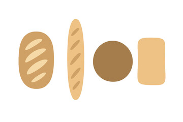 Assortment of baked goods including baguette, round loaf, and sliced bread
